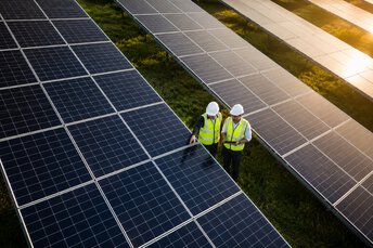 Solaranlage als Energieinfrastruktur mit Fachkräften bei der Inspektion von Photovoltaikmodulen