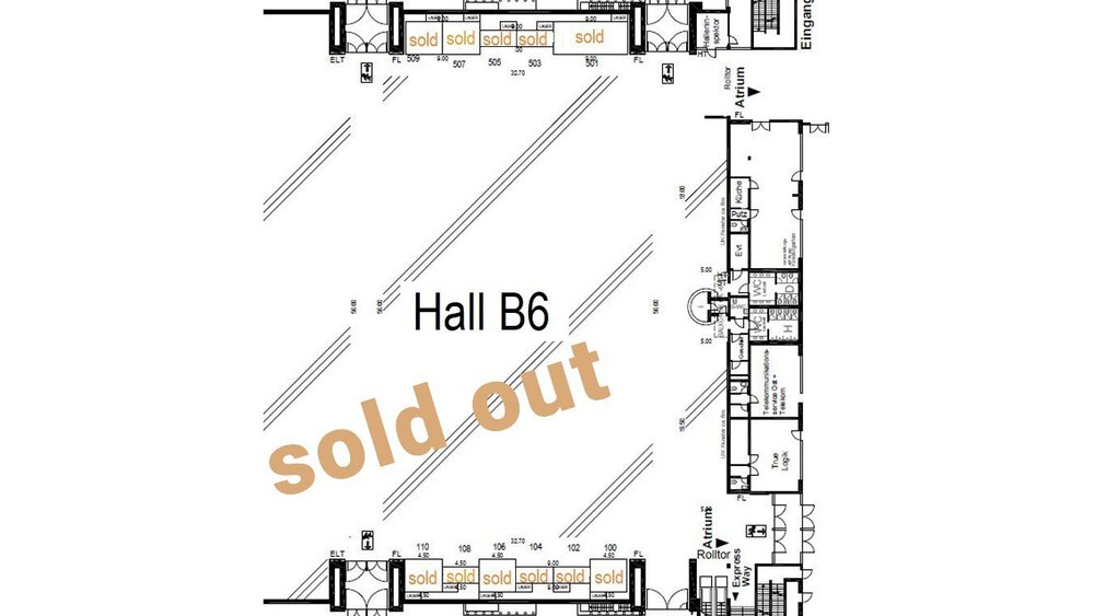 Grundrissplan der Halle B6 mit verschiedenen Räumen und Durchgängen.