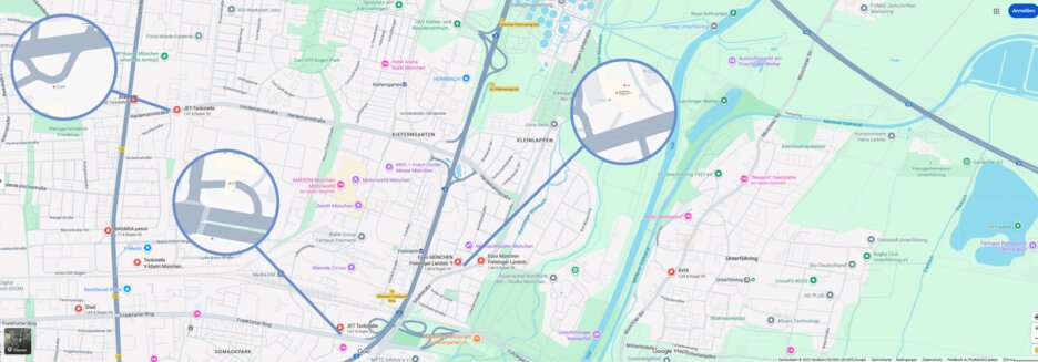 Ein Screenshot von Google Maps in der Kartenansicht, der die Tankstellen in der Umgebung des MOC deutlich hervorhebt.