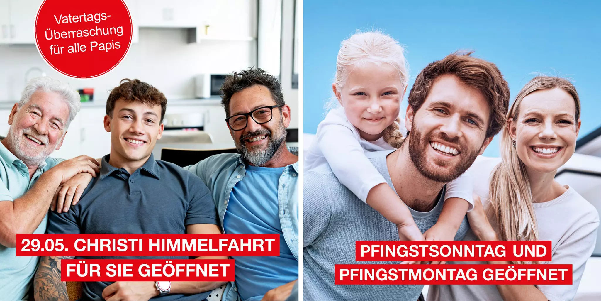 Zwei Banner nebeneinander, auf beiden sind lächelnde Familien zu sehen. Der Text informiert über die Öffnungszeiten an Christi Himmelfahrt und Pfingsten.