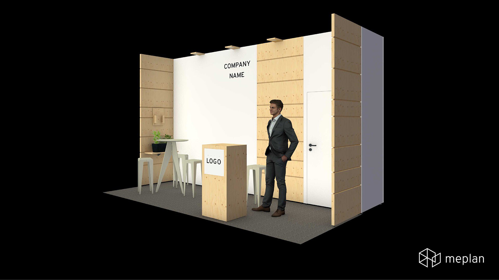 3D Ansicht eines kleinen Messestands mit Holzpaneelen, Tisch, Hockern und sichtbaren Logos.