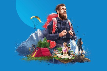 Skizze eines Wanderers mit einem Fernglas in der Hand, Bergen und einem Fallschirm im Hintergrund und einem Zelt und einer Yoga-praktizierenden Frau im Vordergrund. Die gesamte skizze hat einen blauen Hintegrund.