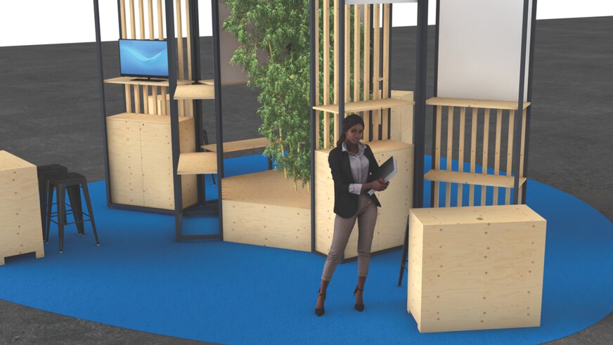 Rendered view of a free-standing exhibition stand with furniture, seating and placeholders for logos and graphics.