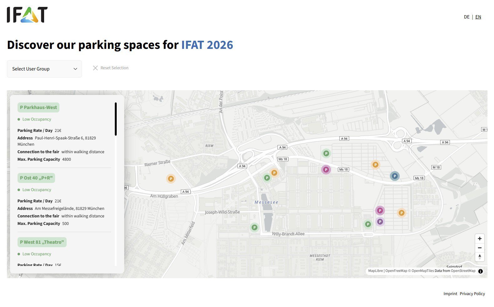 Site plan of IFAT Munich with an overview of all parking areas