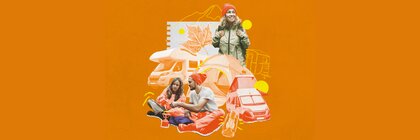 Ein Banner mit einer Fotocollage, bestehend aus mehreren Personen, einem Campervan, Wohnmobil, Zelt, Lampe und angedeuteter Natur.