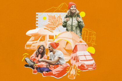 A banner with a photo collage consisting of several people, a campervan, motorhome, tent, lamp and hints of nature.