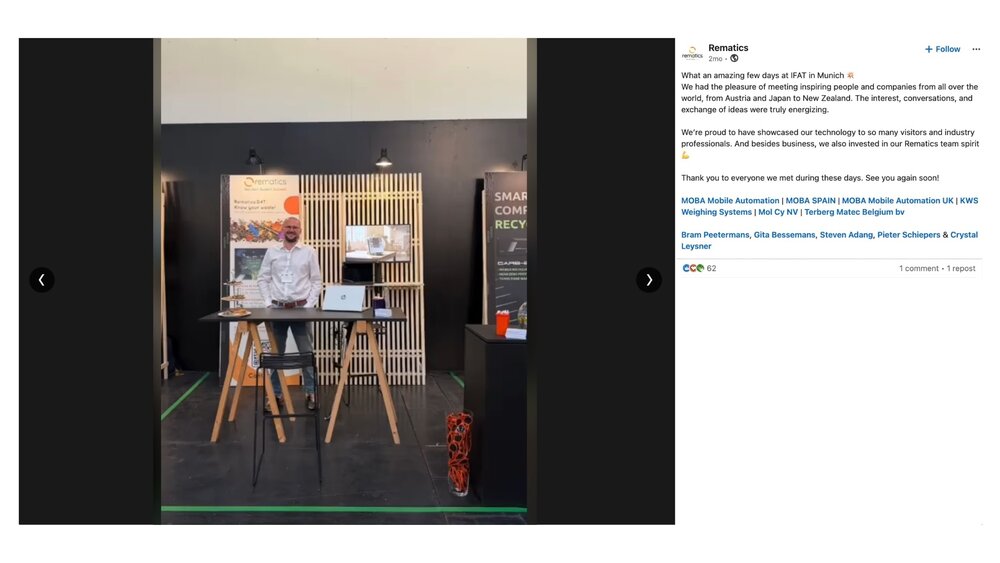 LinkedIn-Beitrag von Rematics mit einem Teammitglied am Stand in der IFAT Munich Startup Area.