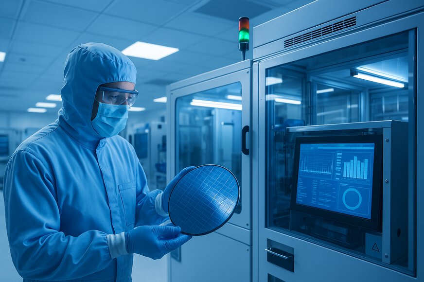Technician in cleanroom inspecting silicon wafer in front of advanced manufacturing system.