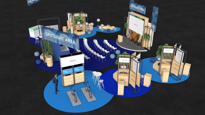 3D-Visualisierung der IFAT Spotlight Area Wasserstoff: Messefläche mit Bühne, Besucherbestuhlung, interaktiven Exponaten und nachhaltigen Gestaltungselementen
