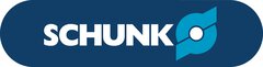 Schunk logo with white text on a blue background and a stylized blue symbol on the right.