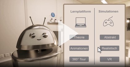 Smiling robot in front of a screen showing learning platform and simulation options such as theory, animations, VR, and realistic simulations