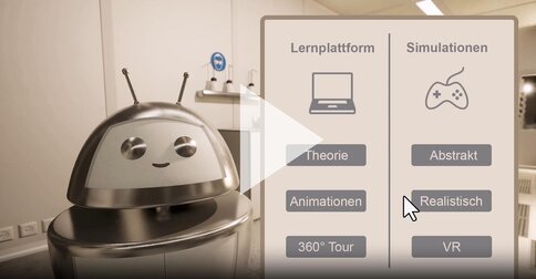Smiling robot in front of a screen showing learning platform and simulation options such as theory, animations, VR, and realistic simulations