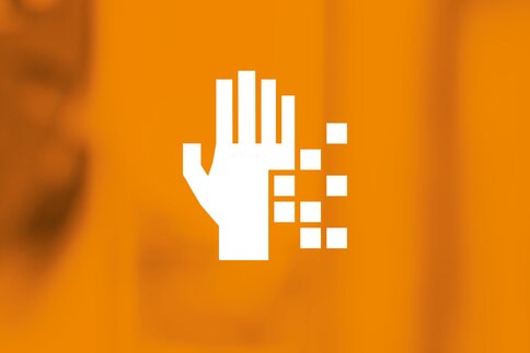Icon of a white hand dissolving into pixels to the right on an orange background.