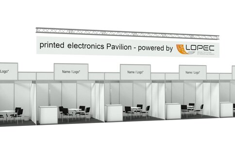 Rendered exhibition stands with placeholder logos under a banner reading 