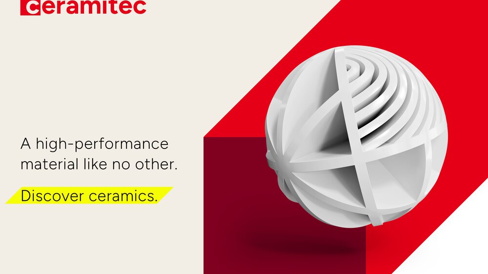 A geometric white ceramic sphere with the text: ceramitec. A high-performance material like no other. Discover ceramics.