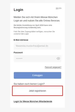 Grafik der Login-Maske im Ausstellershop. Der Button „Jetzt registrieren“ ist rot umrandet.