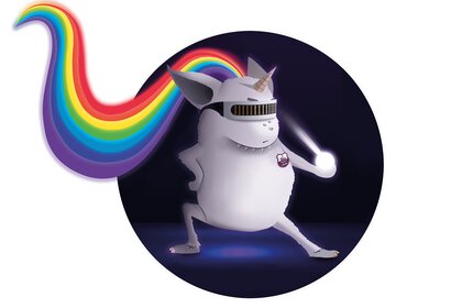 Ein Cartoon-Einhorn mit Visier posiert und hält eine leuchtende Kugel mit einer Regenbogenspur im Hintergrund.