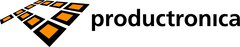 Logo „productronica“, auf der linken Seite ein stilisiertes „p“ welches aus orangenen Rechtecken mit dicken schwarzen Rändern besteht.