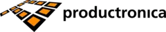 Logo ‘productronica’, on the left side a stylised ‘p’ consisting of orange rectangles with thick black borders.