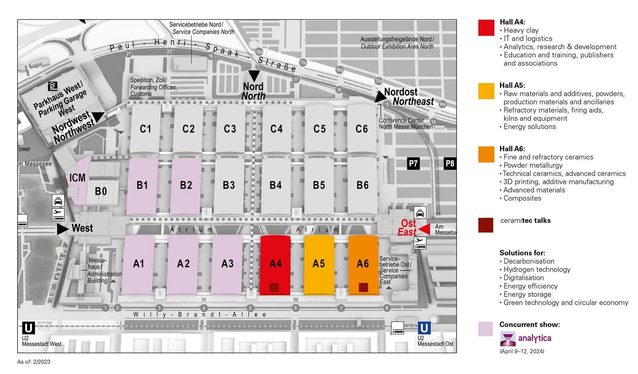 Fairground map of the ceramitec trade fair for 2024 including exhibition areas: Halls A6, A5, A4