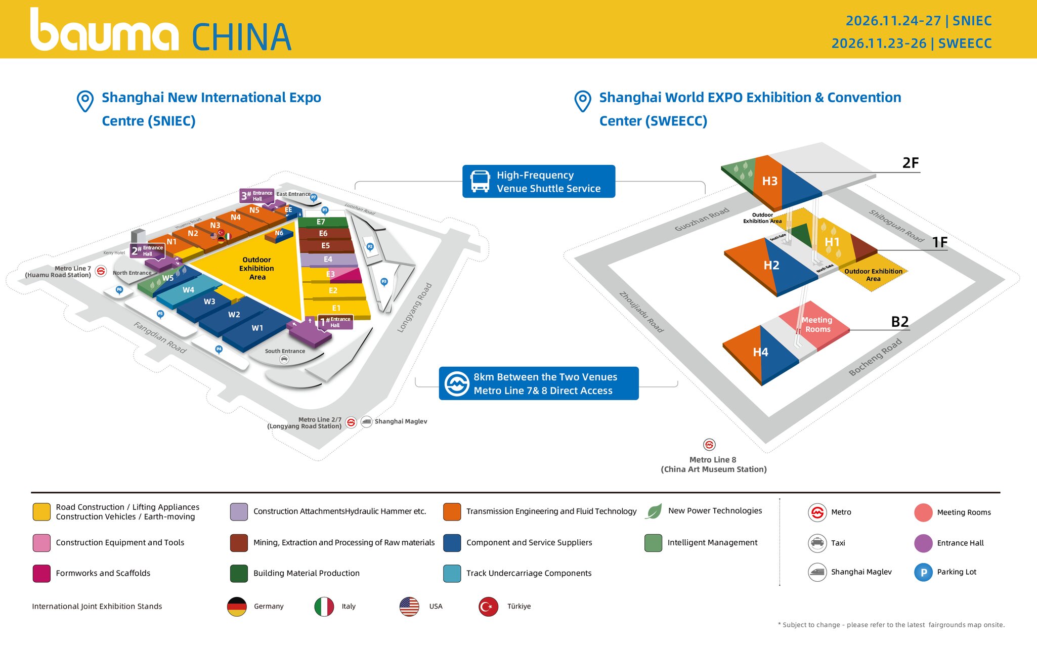 An overview of bauma CHINA 2026 at both venues, SNIEC and SWEECC and information on transportation between the venues.