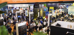 Bird's-eye view of a large number of well-attended exhibition stands and networking opportunities at transport logistic.