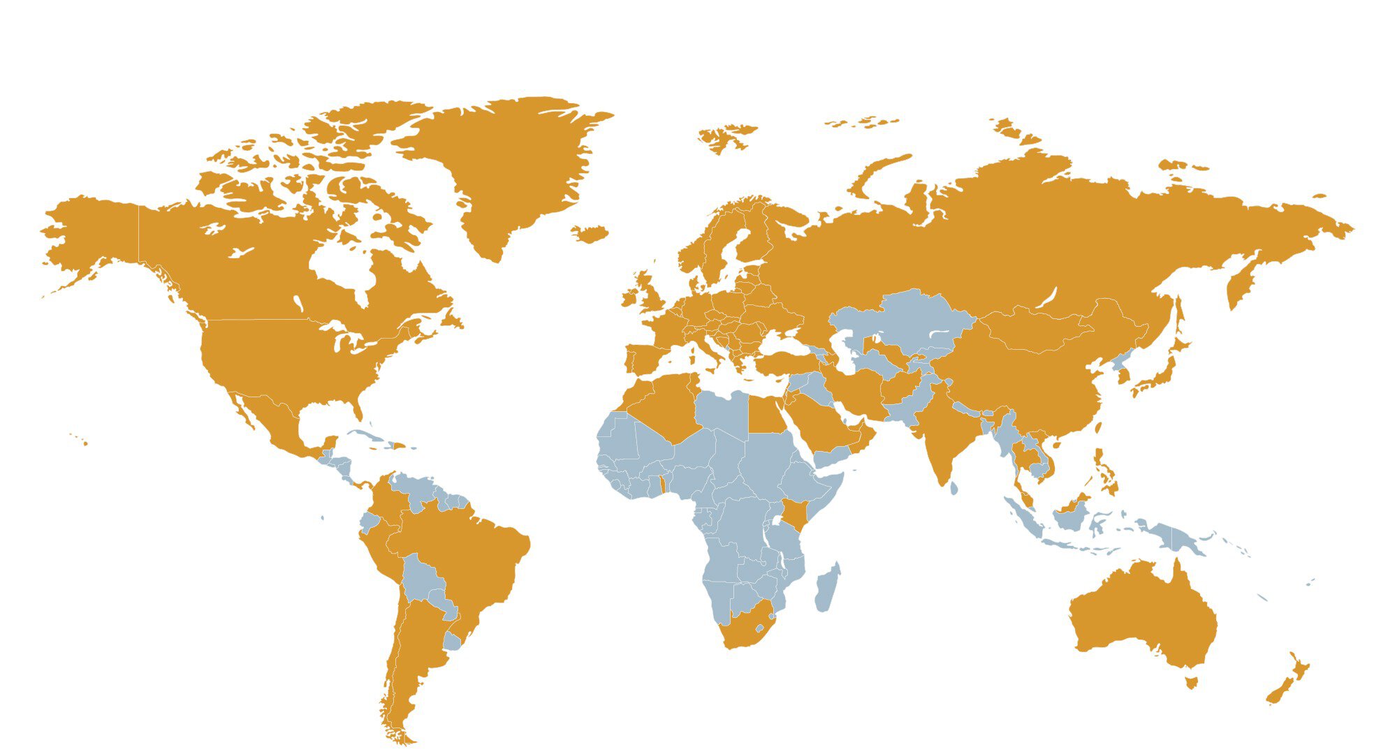 World map with countries in orange and gray indicating different groupings or categories.