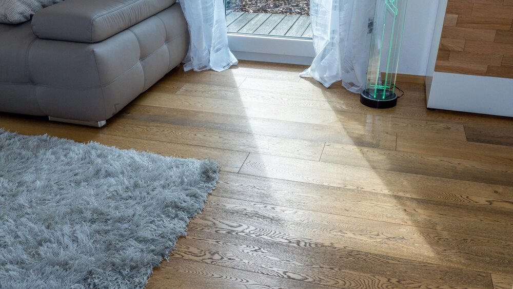 Ein Sonnenstrahl scheint auf einen Holzboden neben einem grauen Sofa und einem zotteligen Teppich, in der Nähe eines Vorhangs und einer Glastür.