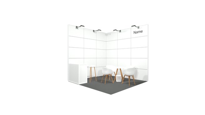 White 3D model of an exhibition stand with a consultation counter and a round table with four chairs. A logo is printed on the wall at the top right.