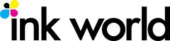 The ink world logo in black lettering with a stylised flower above the “i” containing the four printing colours black, yellow, cyan and magenta.