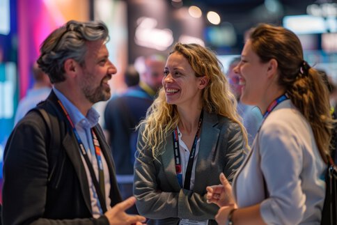 Zwei Frauen und ein Mann in Businesskleidung lachen gemeinsam während der BAU-Messe.