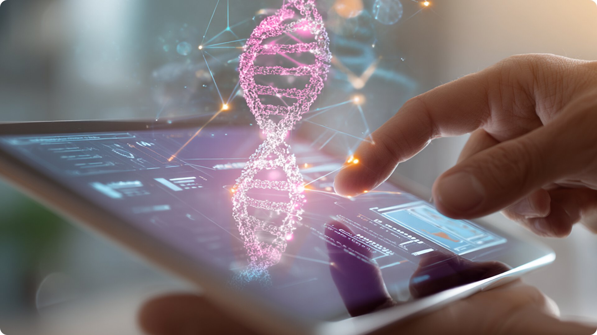 Hand bedient Tablet mit digitaler Oberfläche, auf der eine leuchtende DNA-Doppelhelix visualisiert ist.
