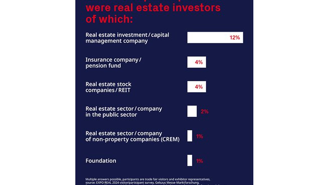 Bar chart showing the composition of real estate investors, which account for 20% of participants. Led by investment/capital management at 12%.