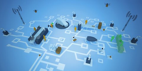 Digital network illustration with routers, gadgets and cables connecting various devices on a blue background.