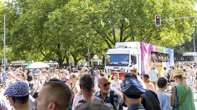 A large crowd celebrates outdoors next to a truck decorated with rainbow colors under green trees.