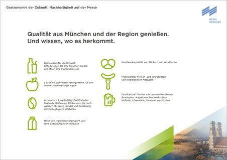 Ein Übersichtsgrafik über verschiedene gastronomische Produktgruppen, die die Nachhaltigkeit der Messe München auszeichnen.