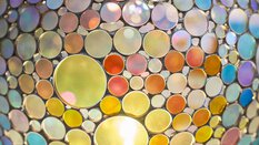 A dome-like mosaic of colorful, round glass panes in various sizes through which light shines.