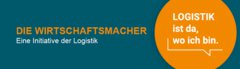 Blaugrüner Hintergrund mit orangefarbenem Kreis. Text: „DIE WIRTSCHAFTSMACHER“ und „LOGISTIK ist da, wo ich bin