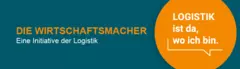 Blue-green background with orange circle. Text: ‘DIE WIRTSCHAFTSMACHER’ and ‘LOGISTIK is where I am’.