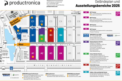 Eine Übersichtskarte über die Eingänge der productronica 2025 und die Standorte der einzelnen Themenbereiche in den Messehallen.