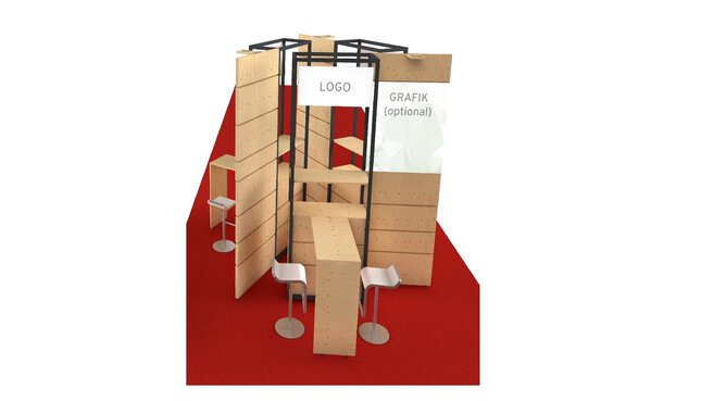 3D-Ansicht von kleinen im Dreieck angeordneten Messeständen mit bedruckter Rückwand, Logo, Tisch und einer Sitzgelegenheit.