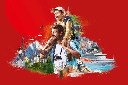 Farbige Zeichnung eines Mannes der ein Kind auf den Schultern hat. Im Hintergrund ist ein Kreuzfahrtschiff, Strand, Berge und der Eiffelturm und verschiedene andere touristische Spots zu sehen. Der Hintergrund der Zeichnung ist rot.