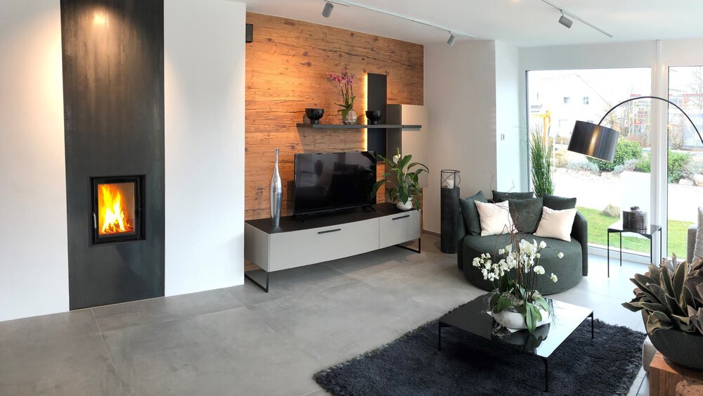 Modernes Wohnzimmer mit Kamin, Fernseher, grauem Sofa, schwarzem Teppich, Pflanzen und großen Fenstern mit Blick auf einen Garten.