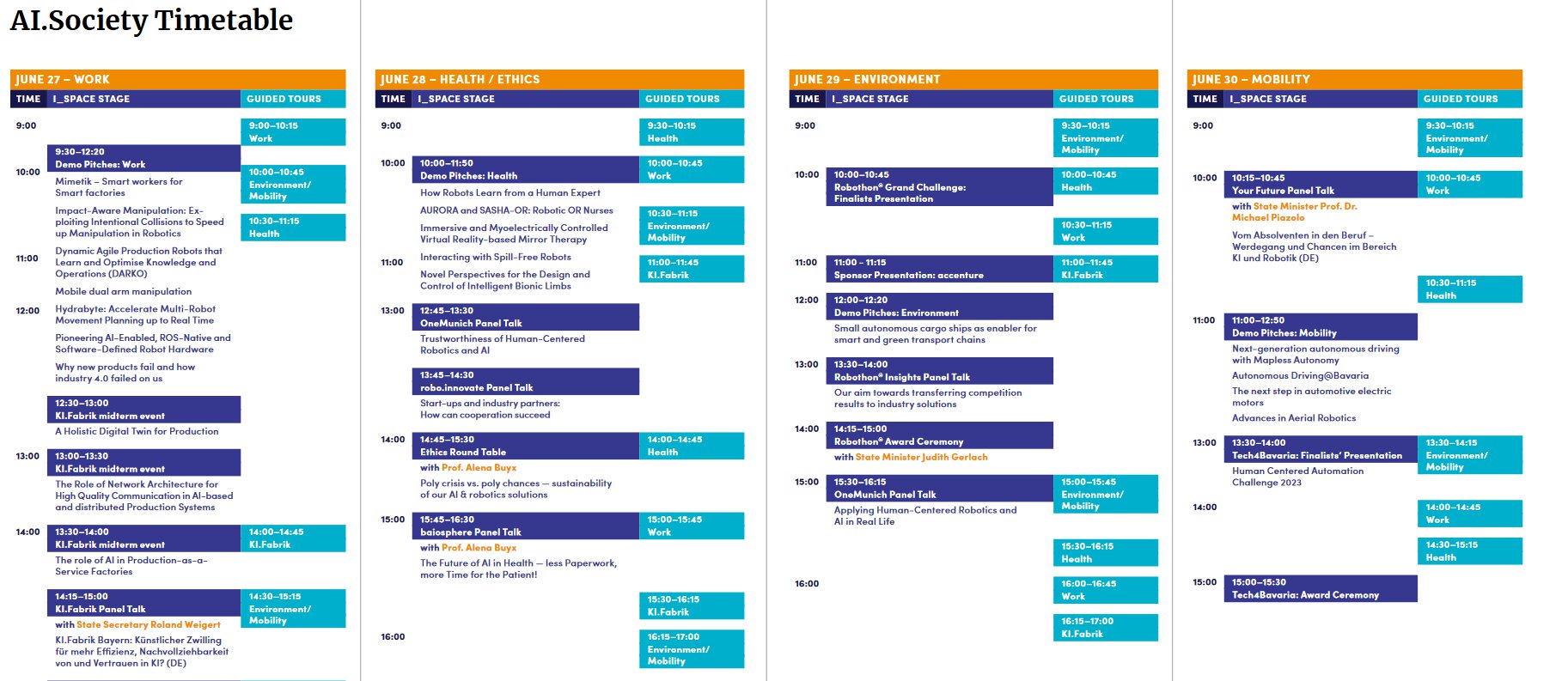 ALSociety-Zeitplan mit vier Spalten: Arbeit, Sicherheit & Ethik, Umwelt, Mobilität. Verschiedene Veranstaltungen und Zeiten aufgelistet.