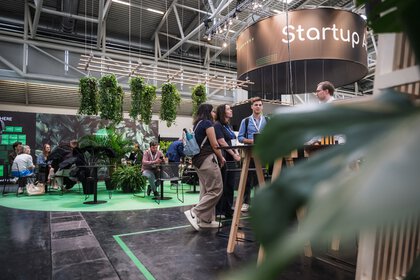 View of the IFAT Munich Startup Area 2026 with startup booths and visitors. 