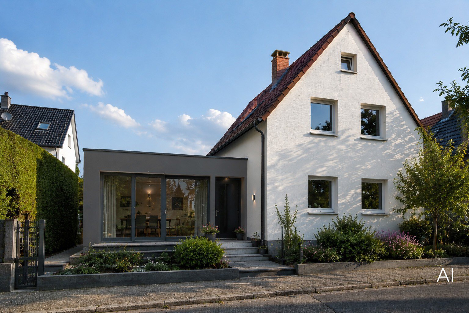 An AI-generated image of a multi-storey white detached house with a grey extension featuring floor-to-ceiling windows next to it.