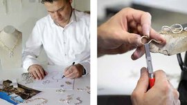 Two pictures, one showing a man making a white jewelry sketch, the other a close-up of two hands making jewelry.