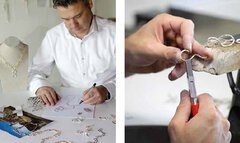 Zwei Bilder, auf dem einen ist ein Mann zu sehen, der eine weiße Schmuckskizze anfertigt, auf dem anderen die Nahansicht von zwei Schmuck herstellenden Händen.