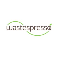 Wordmark ‘wastespresso’ in brown lettering on a white background, framed by a flowing green line with a leaf accent