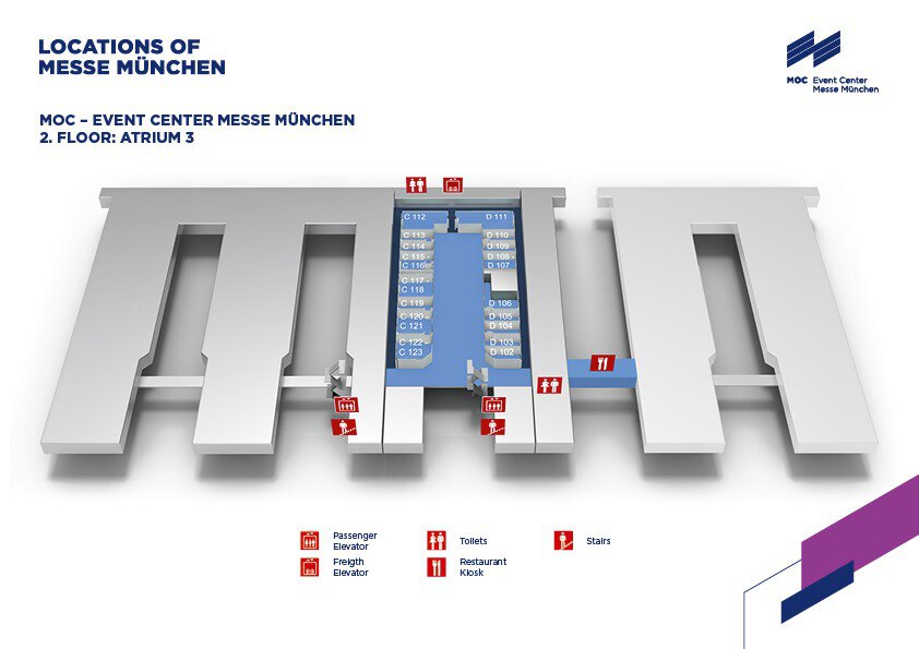 Floor plan of the Munich Trade Fair Grounds showing the “Atrium 3” event center, labeled rooms, staircases, restrooms, elevators, and a restaurant and kiosk area.
